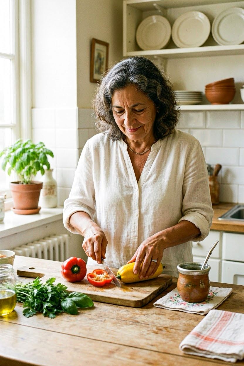 Mujer preparando una comida con vegetales frescos en su cocina
