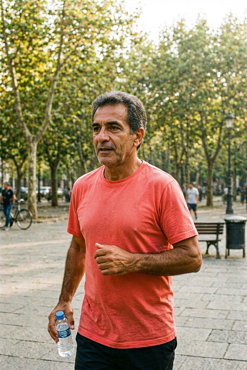 Hombre activo hidratándose durante una caminata al aire libre