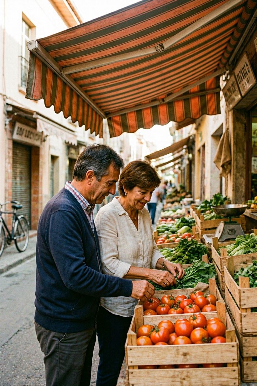 Pareja eligiendo vegetales frescos en el mercado